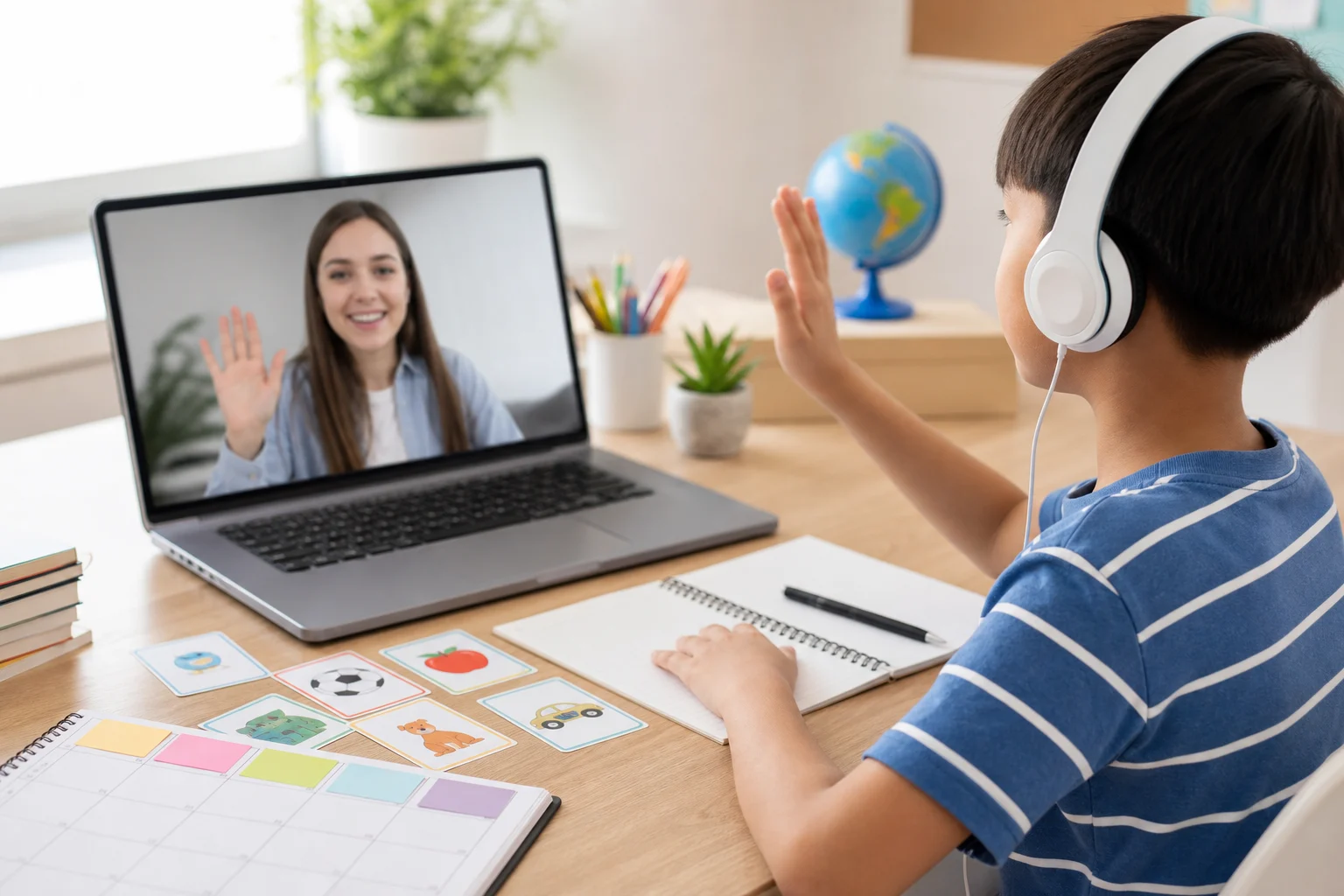 Child speaking with an online English teacher during a weekly learning routine